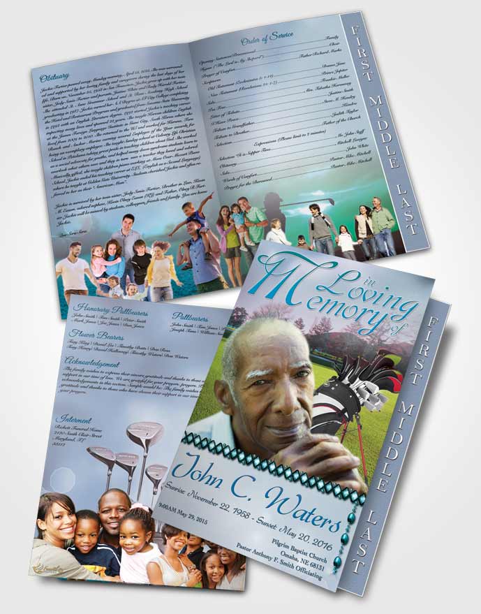 2 Page Graduated Step Fold Funeral Program Template Brochure Golfing Day Ocean Breeze