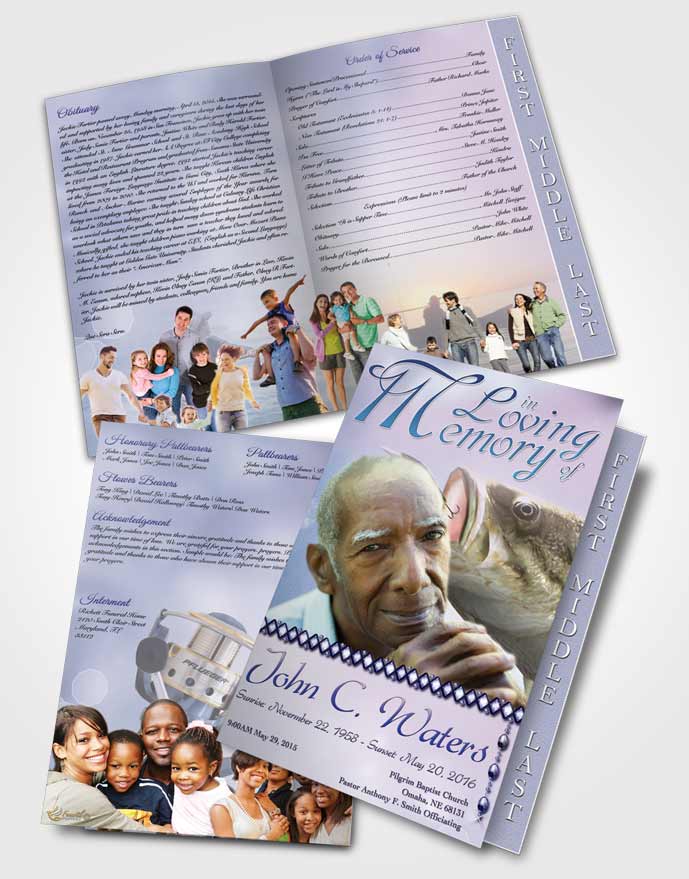 2 Page Graduated Step Fold Funeral Program Template Brochure Gone Fishing Early Morning