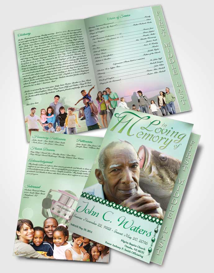 2 Page Graduated Step Fold Funeral Program Template Brochure Gone Fishing Emerald Waters