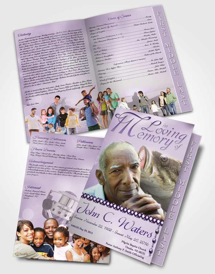 2 Page Graduated Step Fold Funeral Program Template Brochure Gone Fishing Lavender Honor