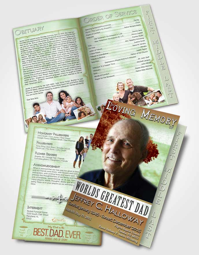 2 Page Graduated Step Fold Funeral Program Template Brochure Greatest Dad Emerald Bliss