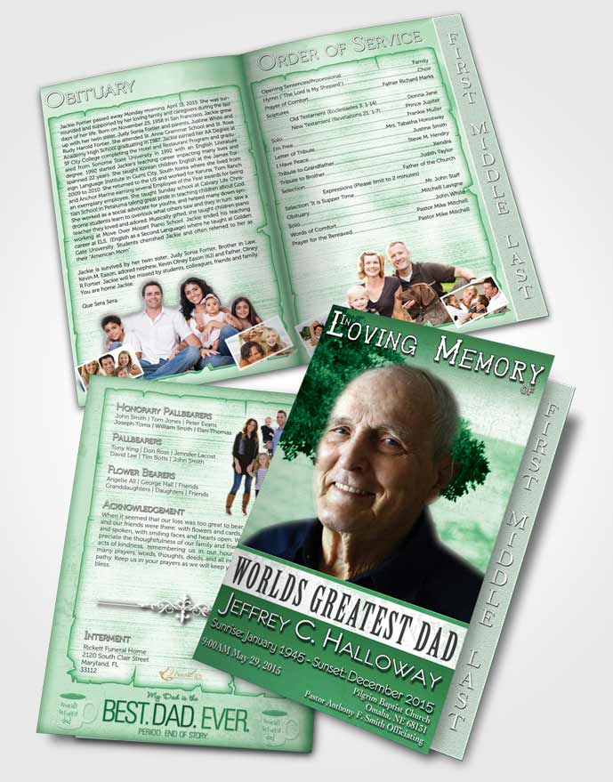 2 Page Graduated Step Fold Funeral Program Template Brochure Greatest Dad Glowing Emerald
