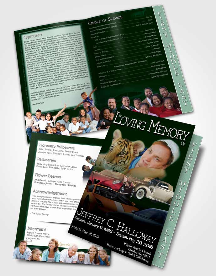2 Page Graduated Step Fold Funeral Program Template Brochure Green Diamond Car Enthusiast