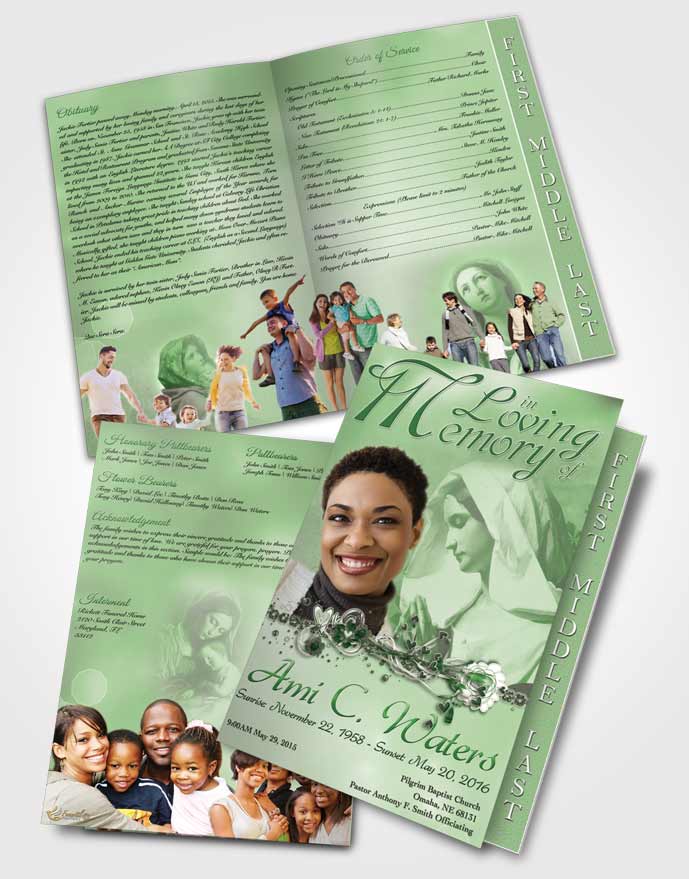 2 Page Graduated Step Fold Funeral Program Template Brochure Hail Mary Emerald Glow