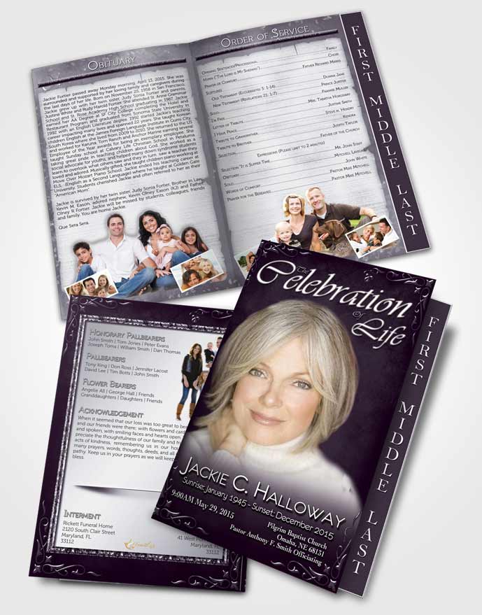 2 Page Graduated Step Fold Funeral Program Template Brochure Heavens Touch Dark Lavender