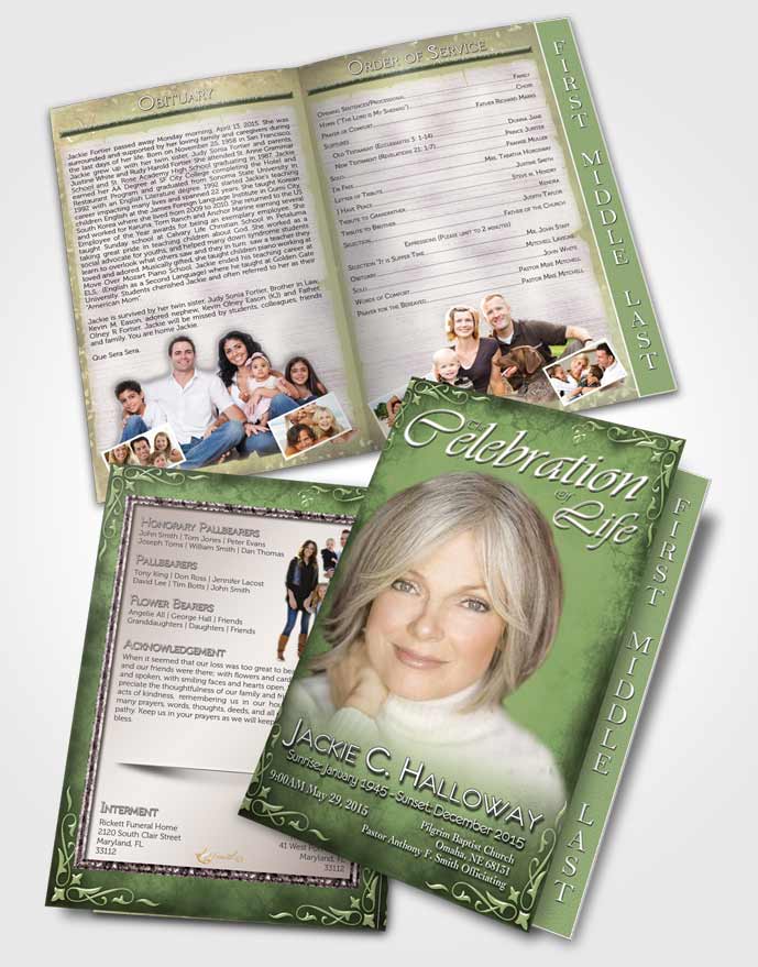 2 Page Graduated Step Fold Funeral Program Template Brochure Heavens Touch Soft Emerald Mountain