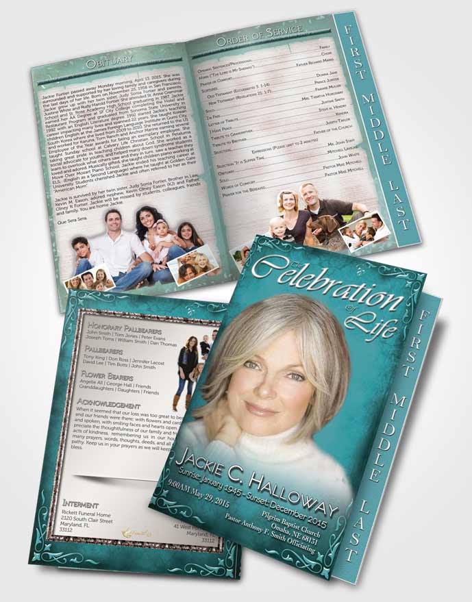 2 Page Graduated Step Fold Funeral Program Template Brochure Heavens Touch Soft Turquoise Breeze