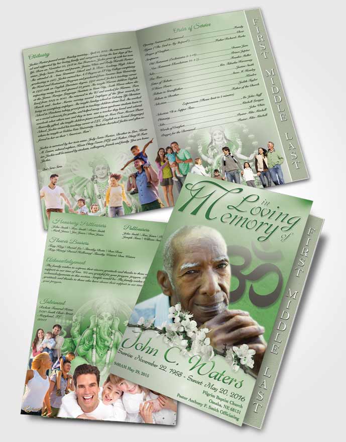 2 Page Graduated Step Fold Funeral Program Template Brochure Hindu Love Emerald Glow