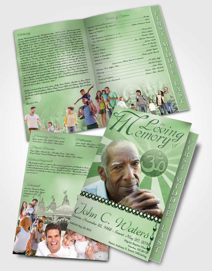 2 Page Graduated Step Fold Funeral Program Template Brochure Hinduism Faith Emerald Glow