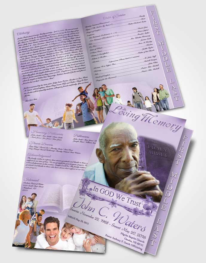 2 Page Graduated Step Fold Funeral Program Template Brochure Holy Bible Lavender Honor