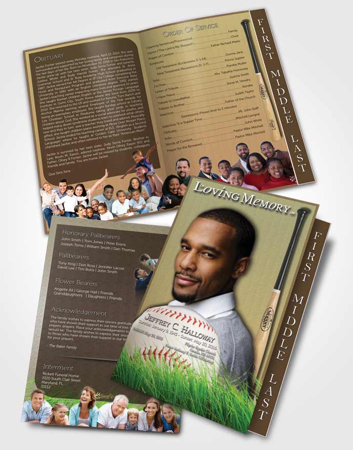 2 Page Graduated Step Fold Funeral Program Template Brochure Home Run Baseball Star Dark