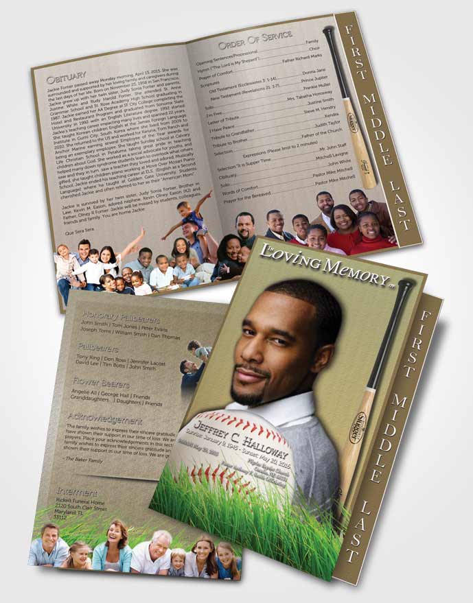 2 Page Graduated Step Fold Funeral Program Template Brochure Home Run Baseball Star Light
