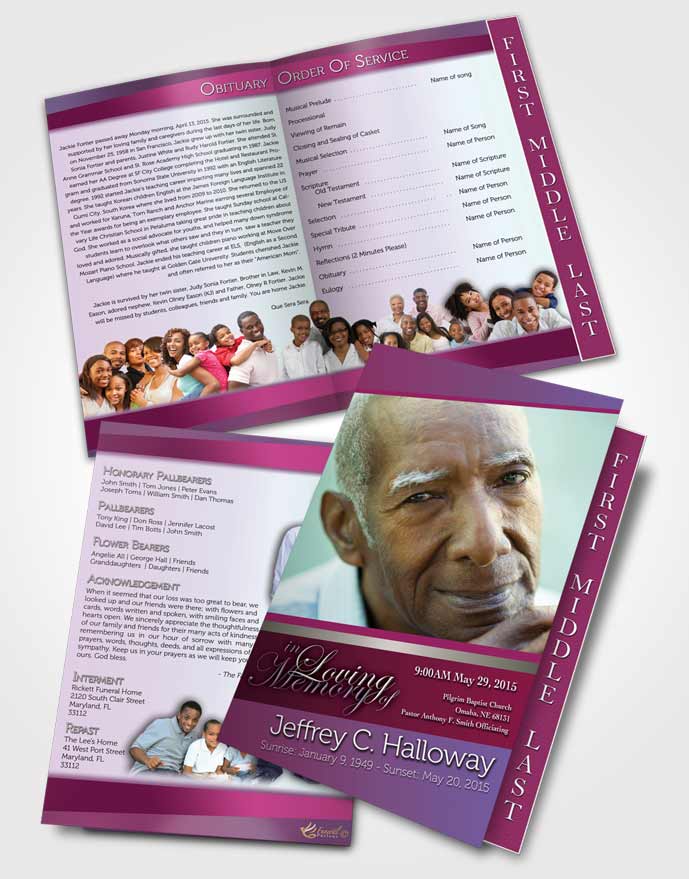 2 Page Graduated Step Fold Funeral Program Template Brochure Hot Pink Tranquility Light