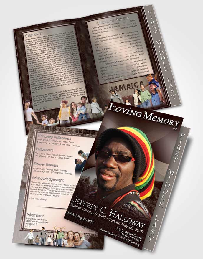 2 Page Graduated Step Fold Funeral Program Template Brochure Jamaican Burgundy Beauty