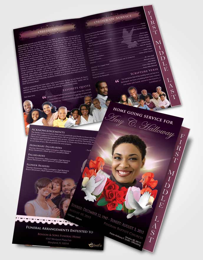 2 Page Graduated Step Fold Funeral Program Template Brochure Lavender Delightful Doves