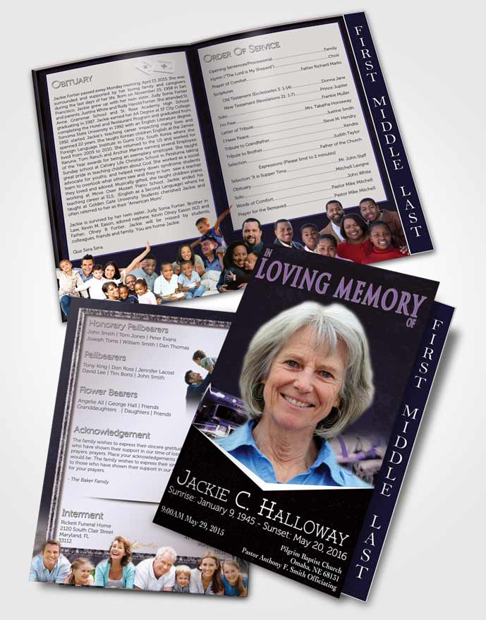 2 Page Graduated Step Fold Funeral Program Template Brochure Lavender EMT Savior