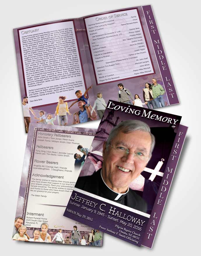 2 Page Graduated Step Fold Funeral Program Template Brochure Lavender Heavenly Priest