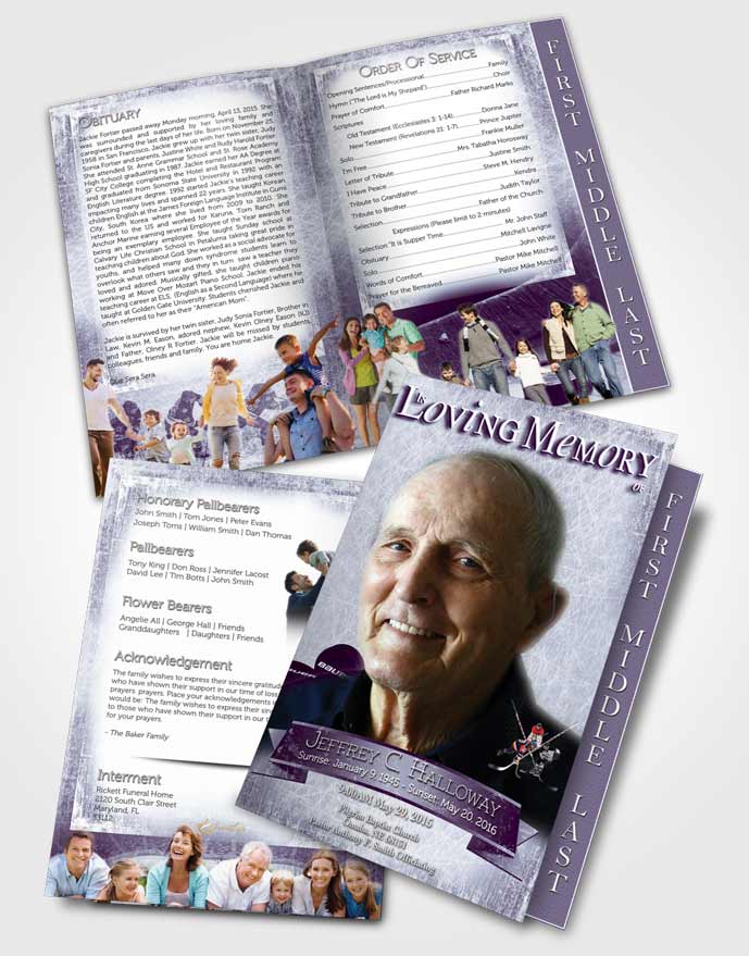 2 Page Graduated Step Fold Funeral Program Template Brochure Lavender Hockey Star
