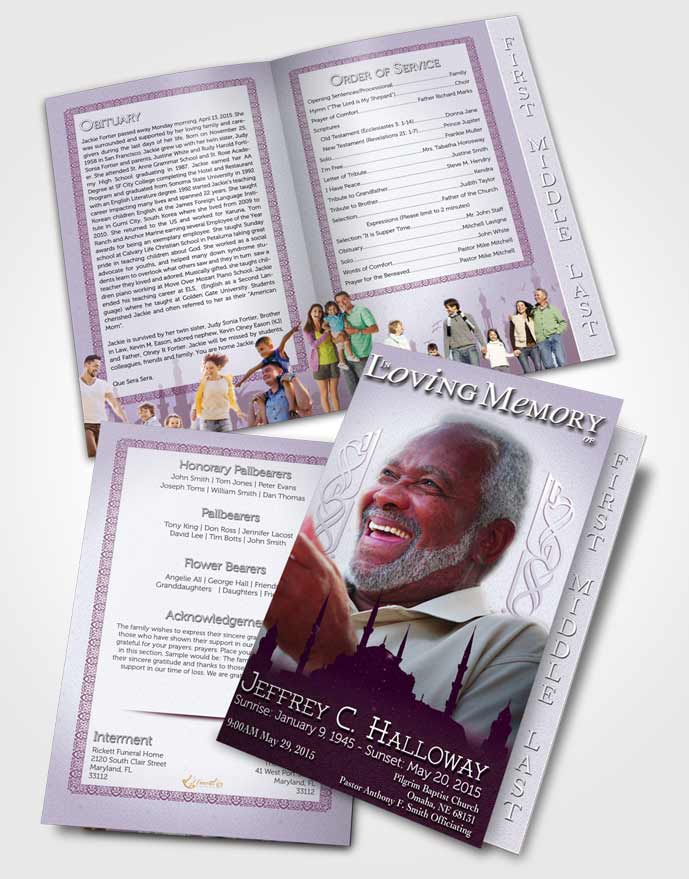 2 Page Graduated Step Fold Funeral Program Template Brochure Lavender Islamic Serenity
