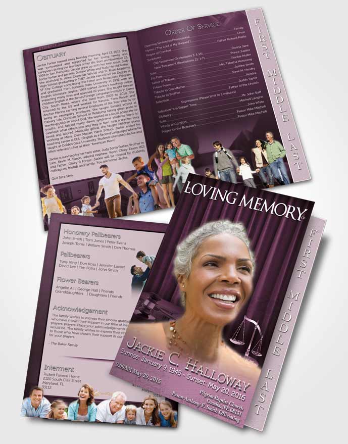 2 Page Graduated Step Fold Funeral Program Template Brochure Lavender Judge Justice