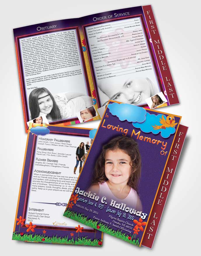 2 Page Graduated Step Fold Funeral Program Template Brochure Lavender Kisses Childs Dream