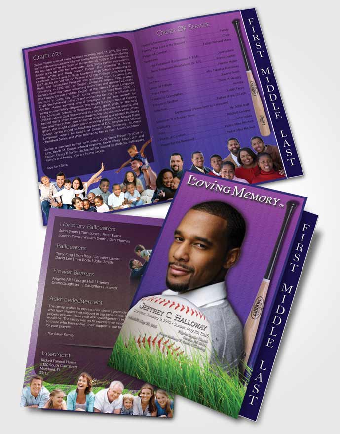 2 Page Graduated Step Fold Funeral Program Template Brochure Lavender Love Baseball Star Dark