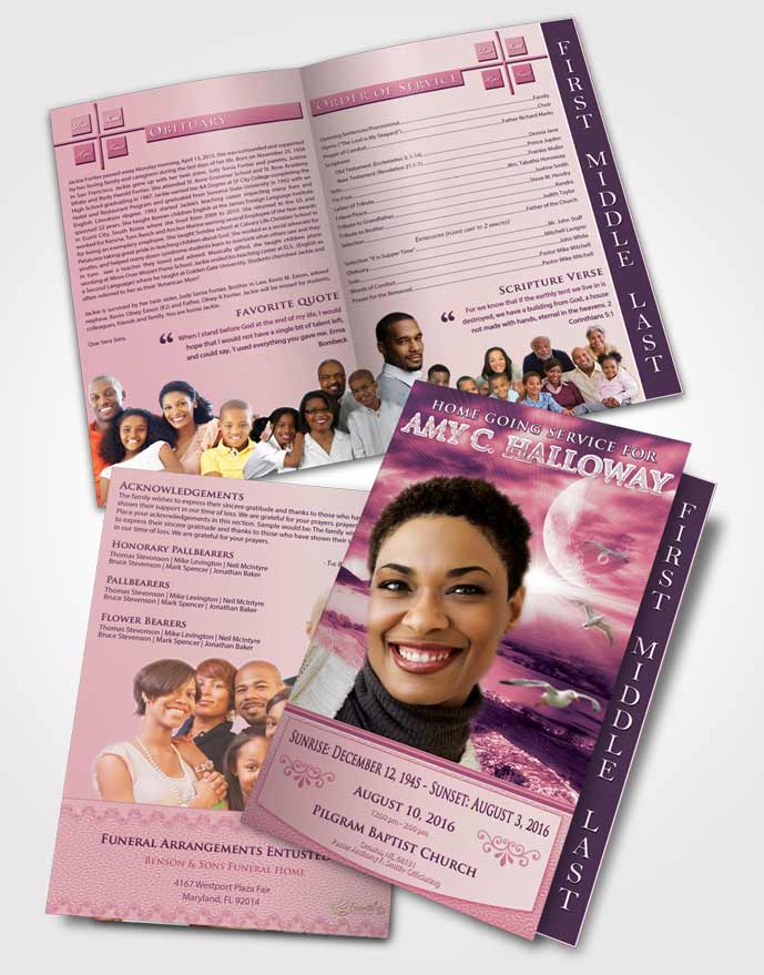 2 Page Graduated Step Fold Funeral Program Template Brochure Lavender Love Evening Moon