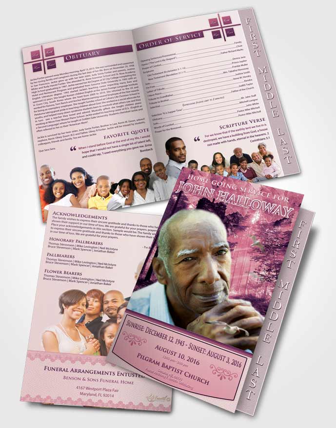 2 Page Graduated Step Fold Funeral Program Template Brochure Lavender Love Forest Laughter