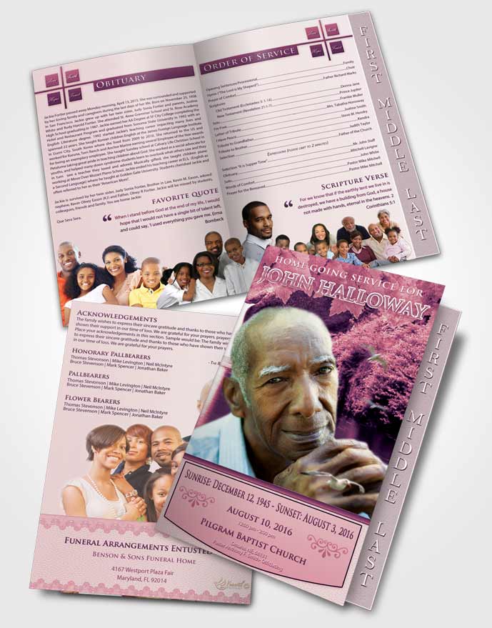 2 Page Graduated Step Fold Funeral Program Template Brochure Lavender Love Forest Magic