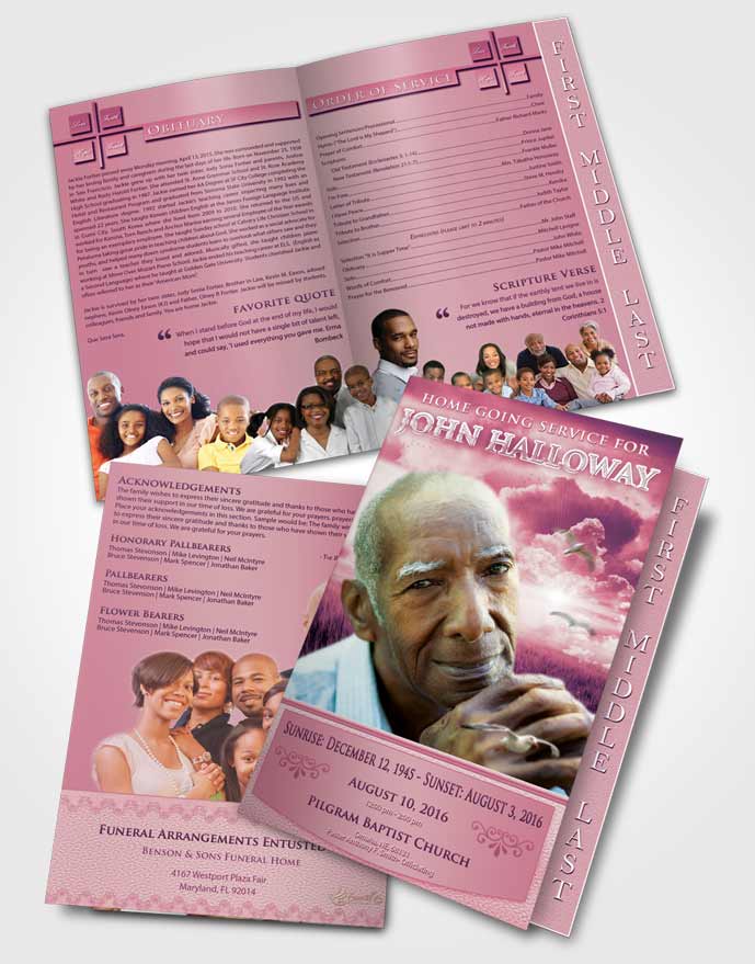 2 Page Graduated Step Fold Funeral Program Template Brochure Lavender Love Sparkling Sky
