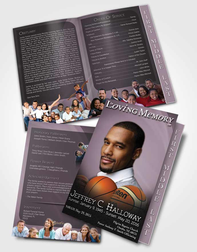 2 Page Graduated Step Fold Funeral Program Template Brochure Lavender Mist Basketball Lover Dark