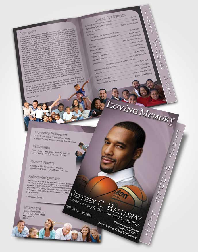 2 Page Graduated Step Fold Funeral Program Template Brochure Lavender Mist Basketball Lover Light
