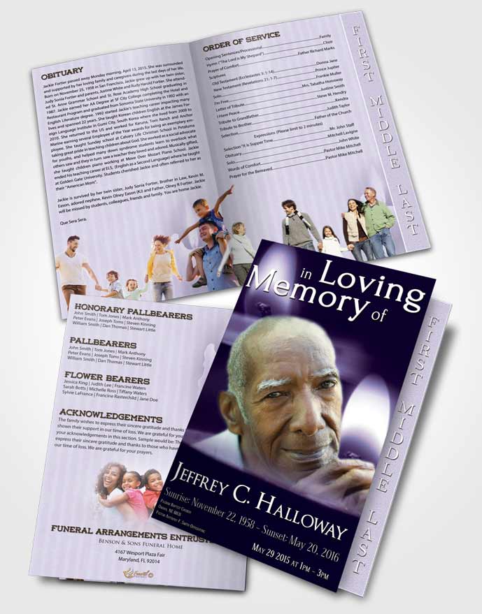 2 Page Graduated Step Fold Funeral Program Template Brochure Lavender Purity Candle Light