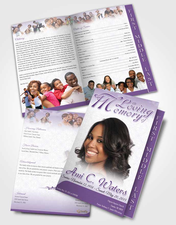 2 Page Graduated Step Fold Funeral Program Template Brochure Lavender Purity