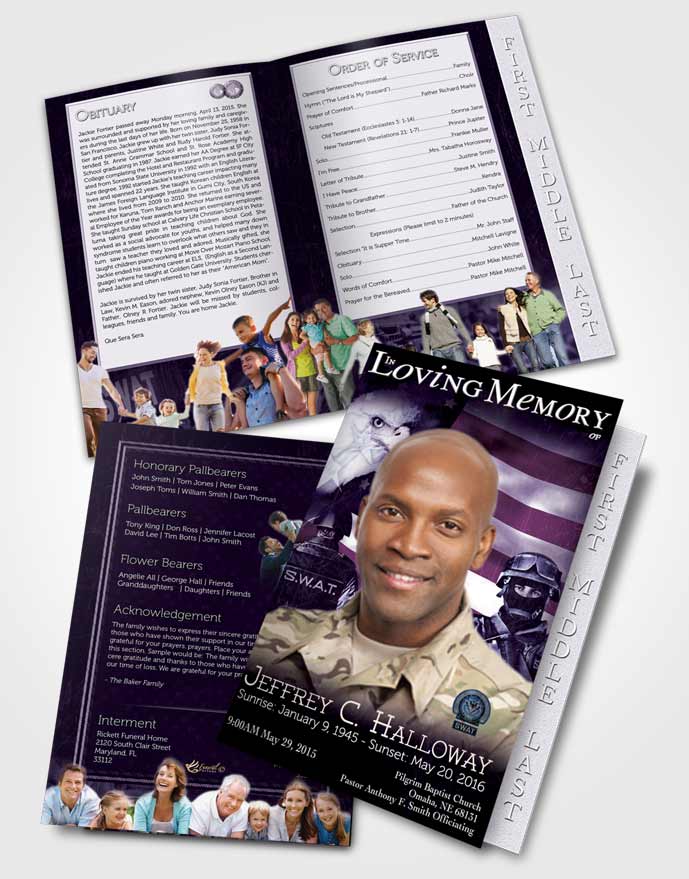 2 Page Graduated Step Fold Funeral Program Template Brochure Lavender SWAT Enforcement