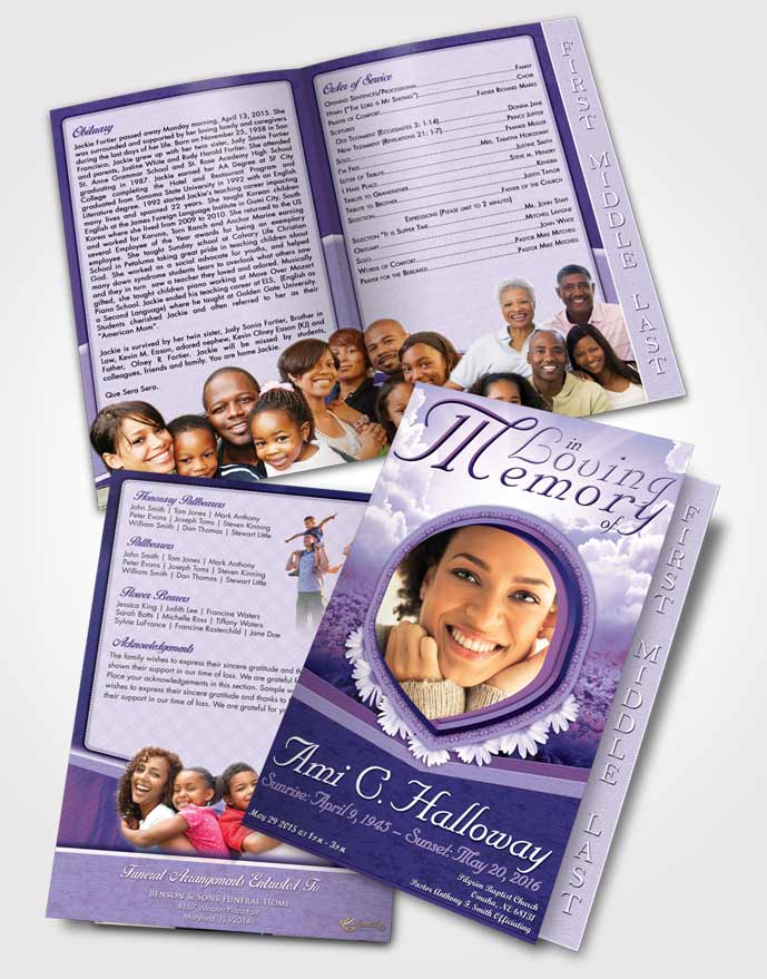 2 Page Graduated Step Fold Funeral Program Template Brochure Lavender Splendor