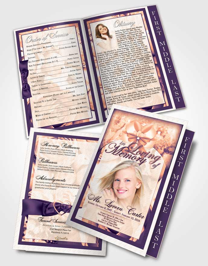 2 Page Graduated Step Fold Funeral Program Template Brochure Lavender Sunrise Petals in the Wind
