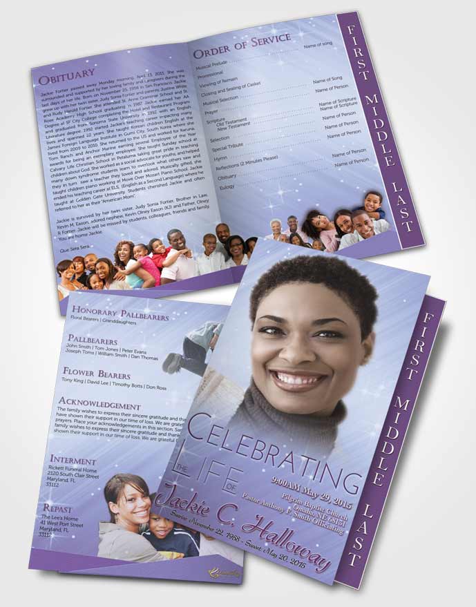 2 Page Graduated Step Fold Funeral Program Template Brochure Lavender Sunrise Serenity
