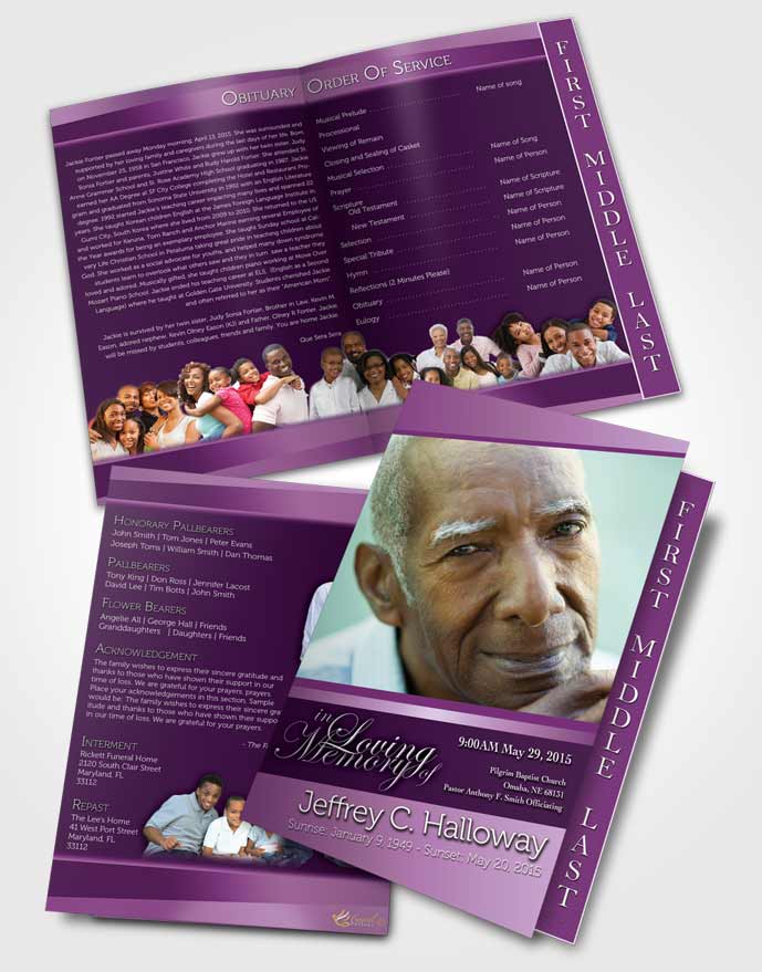 2 Page Graduated Step Fold Funeral Program Template Brochure Lavender Sunrise Tranquility Dark