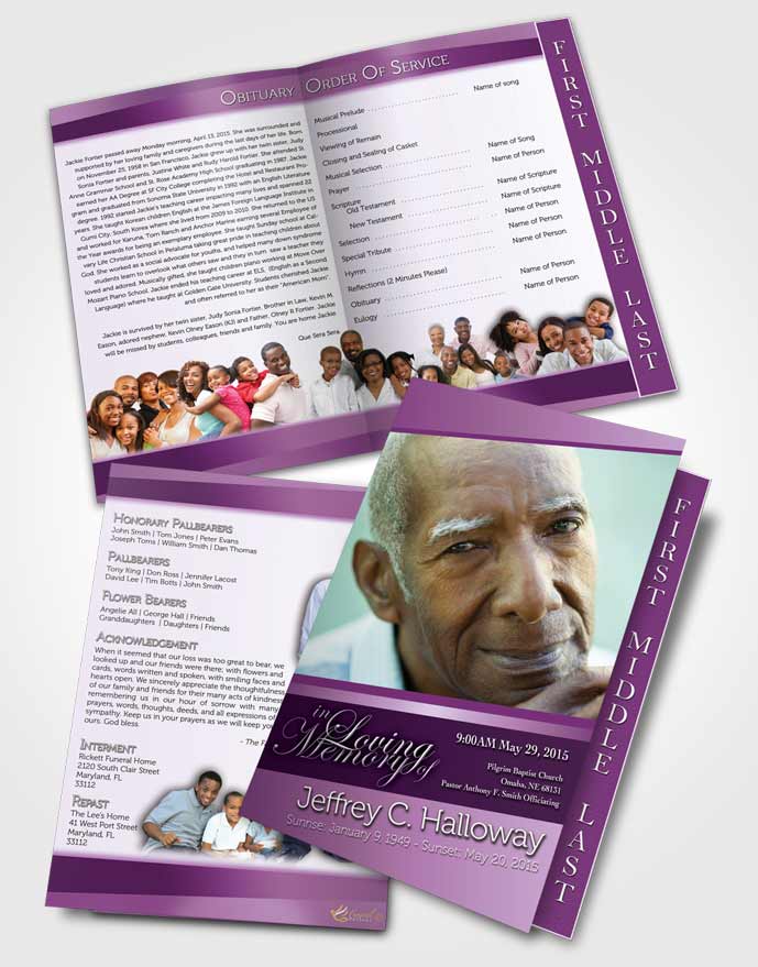 2 Page Graduated Step Fold Funeral Program Template Brochure Lavender Sunrise Tranquility Light