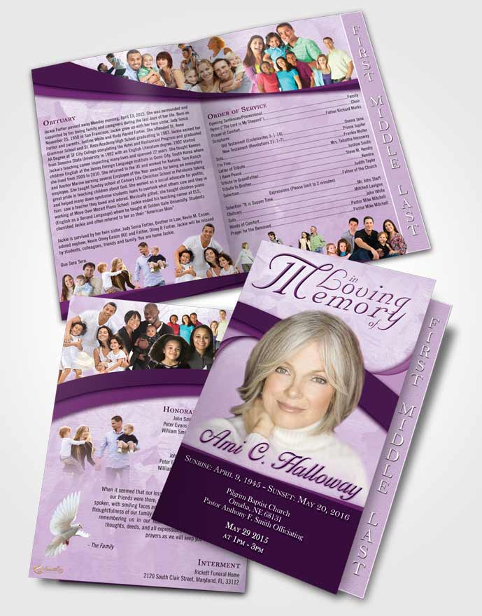 2 Page Graduated Step Fold Funeral Program Template Brochure Lavender Sunrise Wisdom