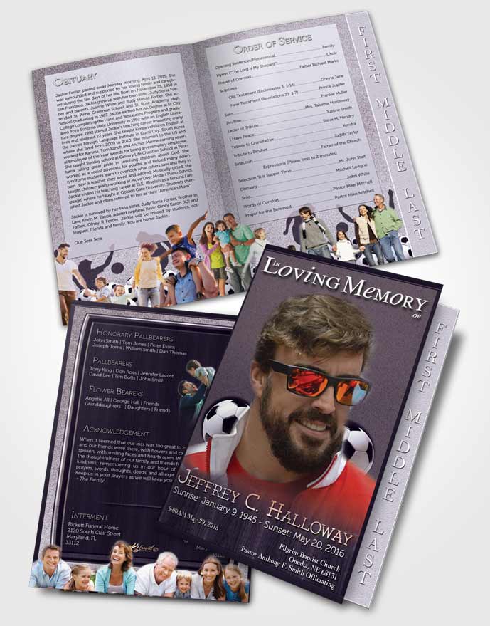 2 Page Graduated Step Fold Funeral Program Template Brochure Lavender Sunset Soccer Star