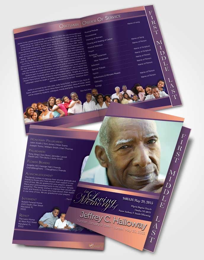 2 Page Graduated Step Fold Funeral Program Template Brochure Lavender Sunset Tranquility Dark