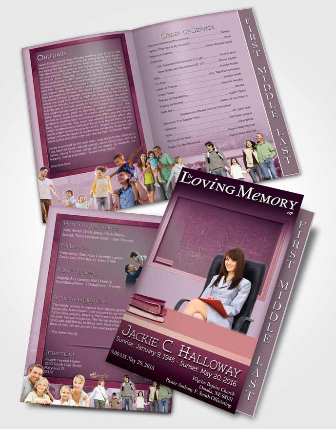 2 Page Graduated Step Fold Funeral Program Template Brochure Lavender Teacher Dark