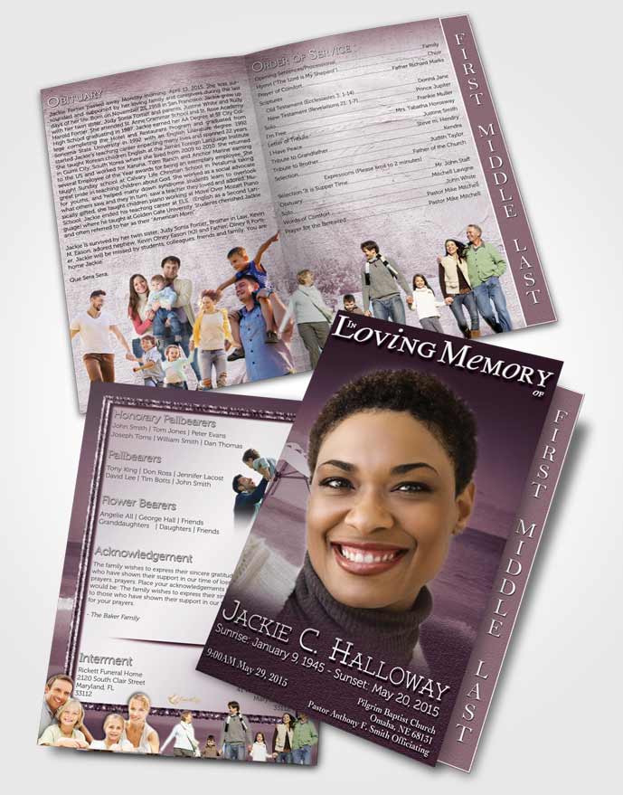 2 Page Graduated Step Fold Funeral Program Template Brochure Lavender Tiki Beach