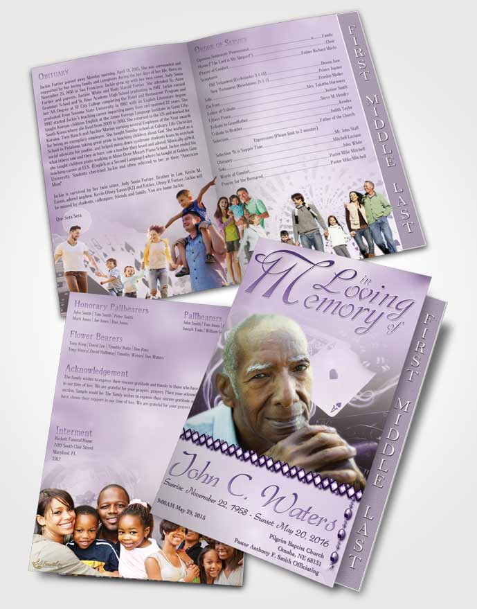 2 Page Graduated Step Fold Funeral Program Template Brochure Lavender Weekend Card Game