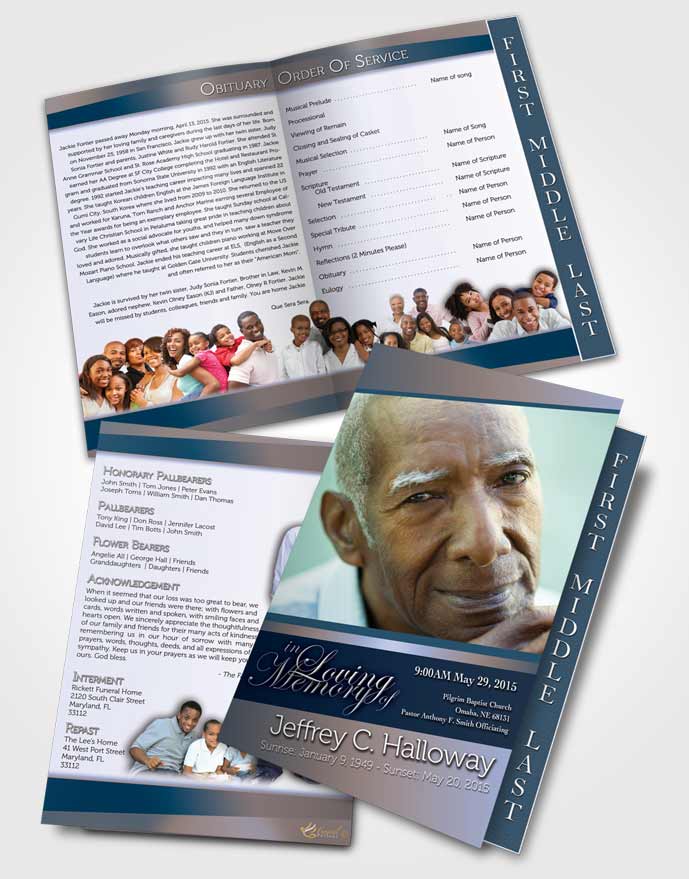 2 Page Graduated Step Fold Funeral Program Template Brochure Light Blue Ocean Tranquility Light