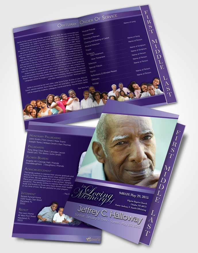 2 Page Graduated Step Fold Funeral Program Template Brochure Loving Lavender Tranquility Dark