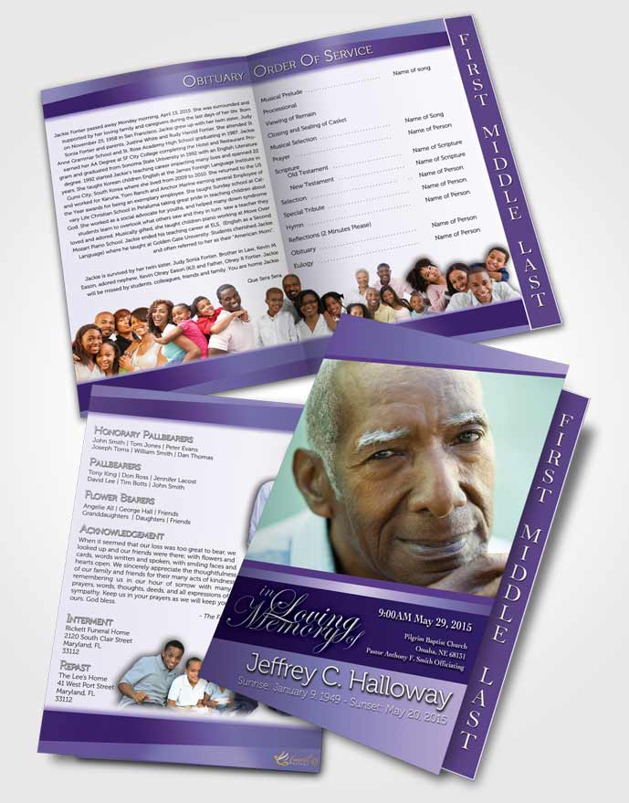 2 Page Graduated Step Fold Funeral Program Template Brochure Loving Lavender Tranquility Light