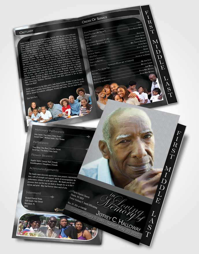 2 Page Graduated Step Fold Funeral Program Template Brochure Majestic Black and White Dark
